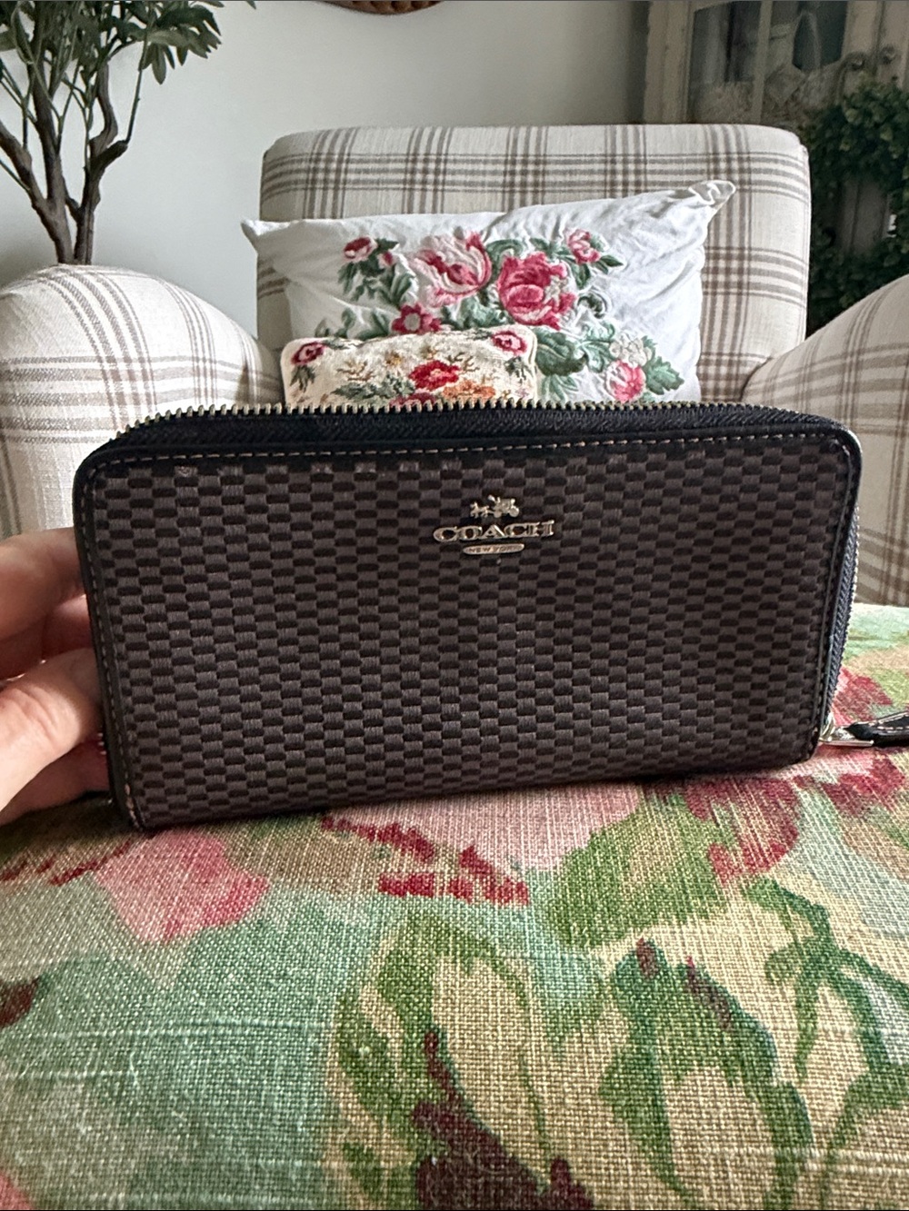 Coach Brown Checkered Zip-Around Wallet with Logo Plate